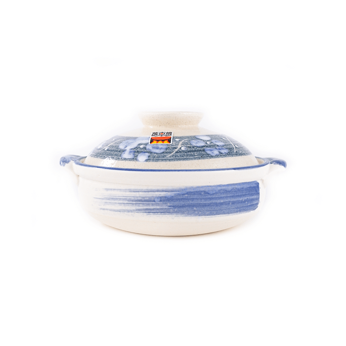 日本MARUYOSHI萬古燒 陶瓷砂鍋藍色花紋 7.5" D x 4.25" H