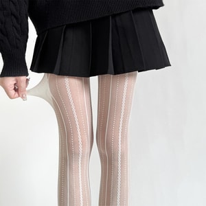 Vintage Court Style Vertical Lace Cable Knit Polka Dot Slimming Jacquard Pantyhose Milk White F 1Pair