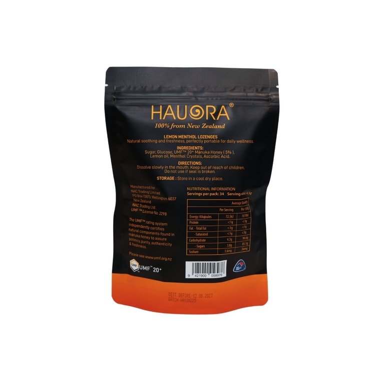 뉴질랜드산 HAUORA 레몬 민트 목캔디는 UMF™ 20+ (MGO 827+) 마누카 꿀을 함유하여 기침과 인후통을 즉각적으로 완화해 줍니다. - 150g x 34정 5