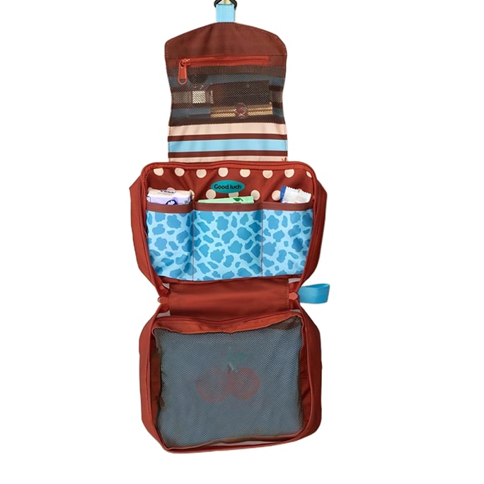 케치 3단 접이식 방수 화장품 파우치 (레오파드 프린트 & 체리 디자인, 1개) - 여행용 세면도구 가방 - 대용량 걸이형 수납 가방