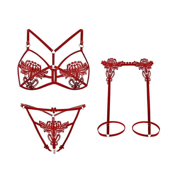 Fun Lingerie Sexy Open-front Three-piece Set Wine Red One Size