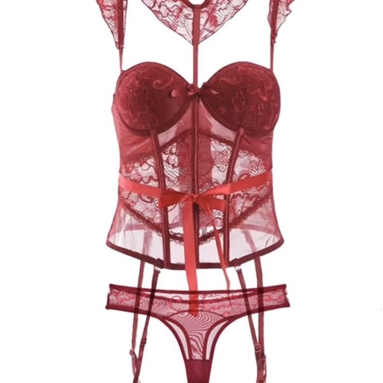 【NEW YORK】Bella's Fantasy Large Size Sexy Halter French Lace corset With  Panty Lingerie Set Red L