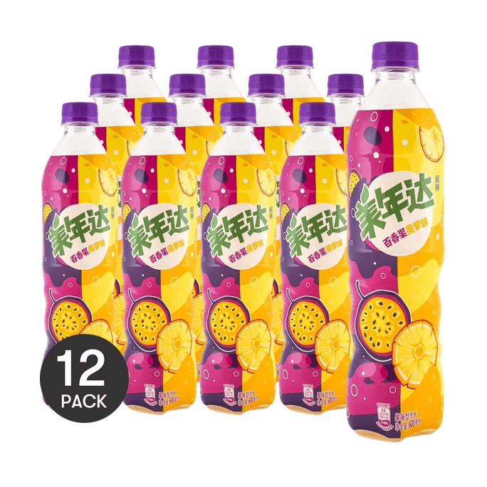 大陆版美年达 果汁气泡饮料 碳酸汽水 百香果菠萝味 瓶装 600ml*12【12瓶装】