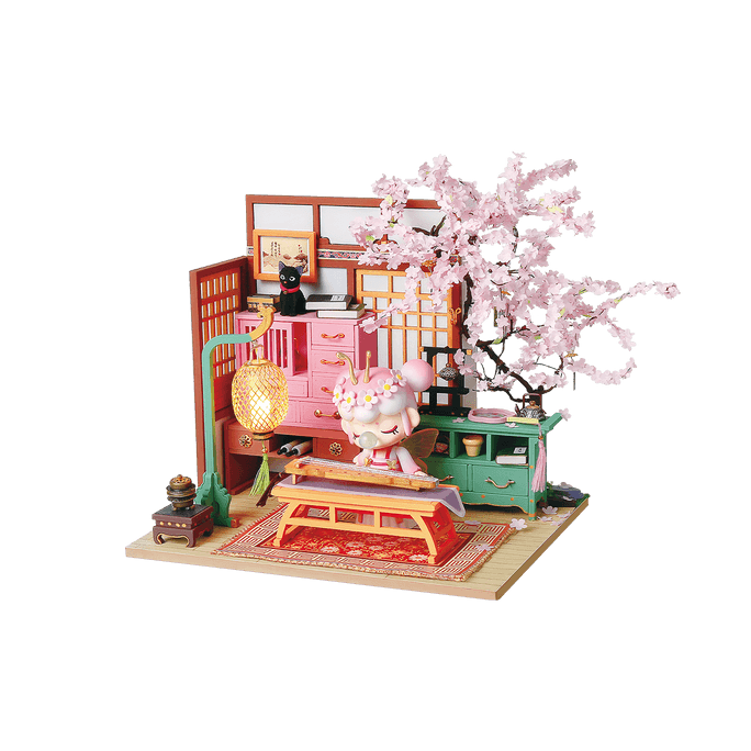 Spring Series 3D Puzzle DIY Model Kits Miniature Dollhouse - Sakura Pavilion (Including One Figure Doll)