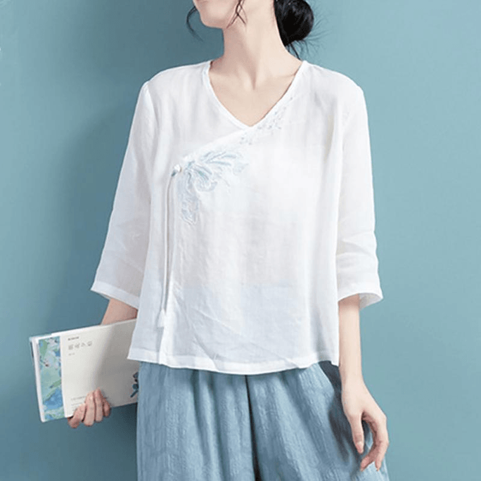 Chinese Style Cotton Linen Embroidery Slant Knot Button Loose Top White 2XL