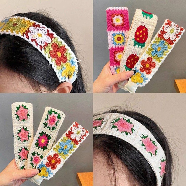 French Floral Knitted Non-Slip Headband for Face Washing, Bangs Sticker with Velcro, Colorful Flower + Pink Square + Purple Pink 3 Pcs Set 4