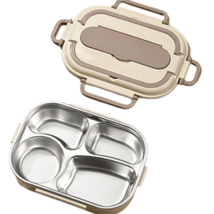 鑫友 保溫餐盒飯盒不銹鋼食品級便當餐盒可微波爐 四格便當盒野餐便當 米白色 1個裝