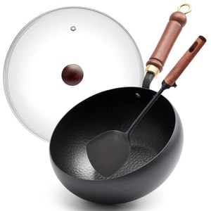 Wide-Belly Deep Wok 24cm With Iron Spatula - Uncooked Carbon Steel, Multi-Purpose Pot for Braising & Stir-Frying, Compatible with All Stovetops (Induction/Gas)