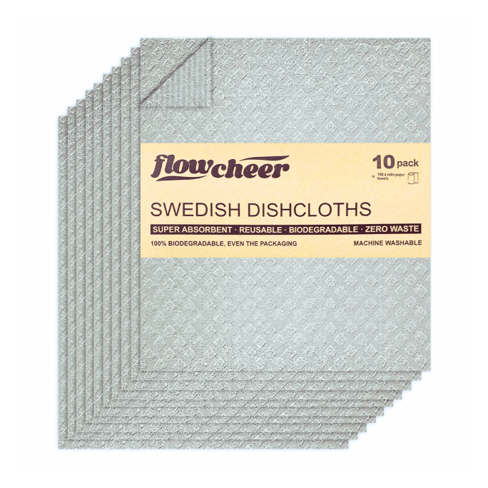 Flowcheer Swedish Dishcloths - 10 Pack Reusable Kitchen Paper Towels - Washable Cleaning Cloths - Dolphin Grey 