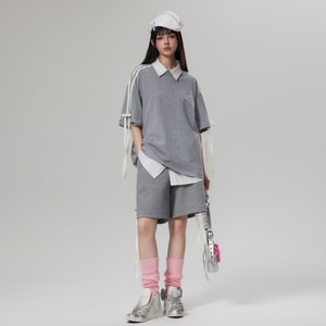 【中国直送】HSPM 新品蝶ネクタイ半袖Tシャツ継ぎ接ぎストライプショートパンツゆったりカジュアルスポーツツーピーススーツ グレー(セット) L