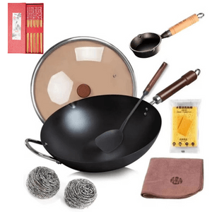 34CM Chinese Carbon Steel Wok With Spatula And Small Oil Pan Set,With 5 Pairs Chopsticks, Carbon Steel Pan Flat Bottom No Chemical Coated For All Stoves Gas & Induction 34cm