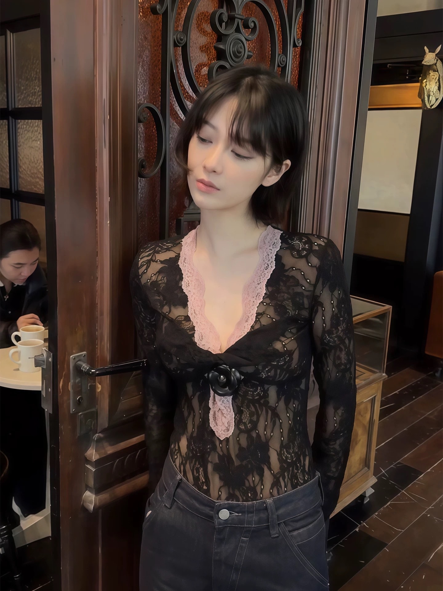 【加拿大直郵】 加拿大 SCENARIO 暗夜玫瑰蕾絲上衣 黑色 S-L碼 黑色 S