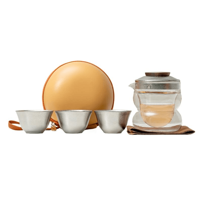 【中国直邮】 一品仟堂 纯钛旅行茶具钛杯套装便携快客杯 圆融银色 一壶三杯 壶245毫升