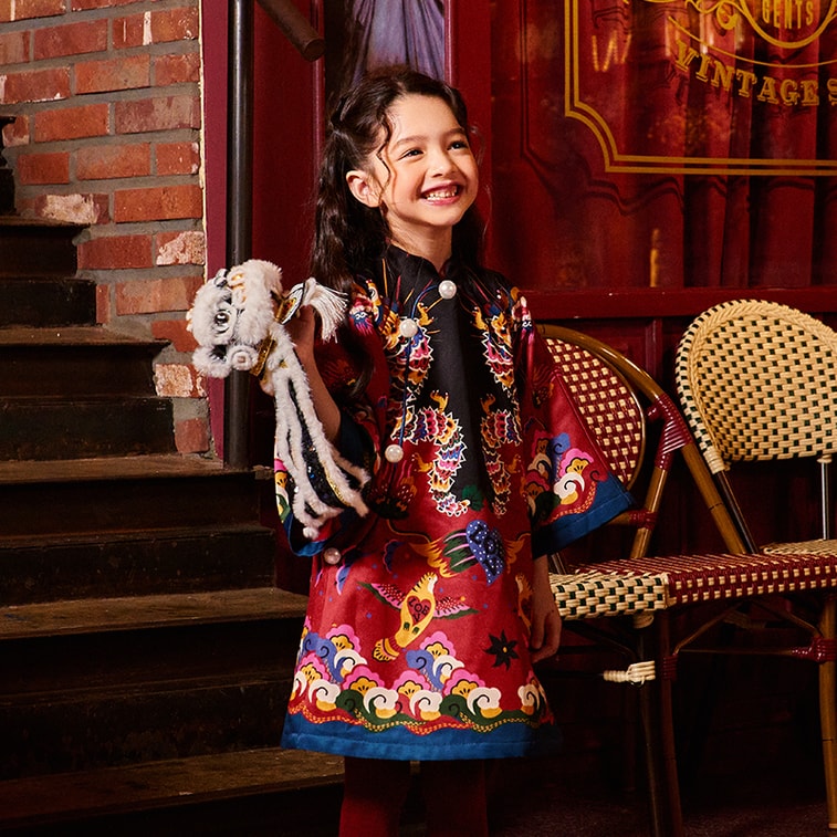 【中国直邮】年衣董璇同款女童花龙百变旗袍裙冬新款中式宝宝国风礼服加绒 年衣红 110CM 5