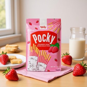 Pocky Strawberry Cream Covered Biscuit Sticks,Family Pack 9 Packs 3.81 oz