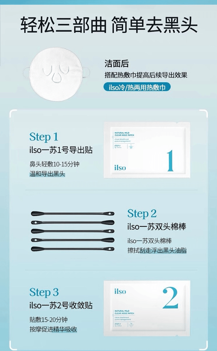 【香港直邮】 韩国 ILSO 温和净透鼻贴 5对/盒+热敷巾 两步曲温和导出黑头 收敛毛孔 生物纤维膜布贴合无死角