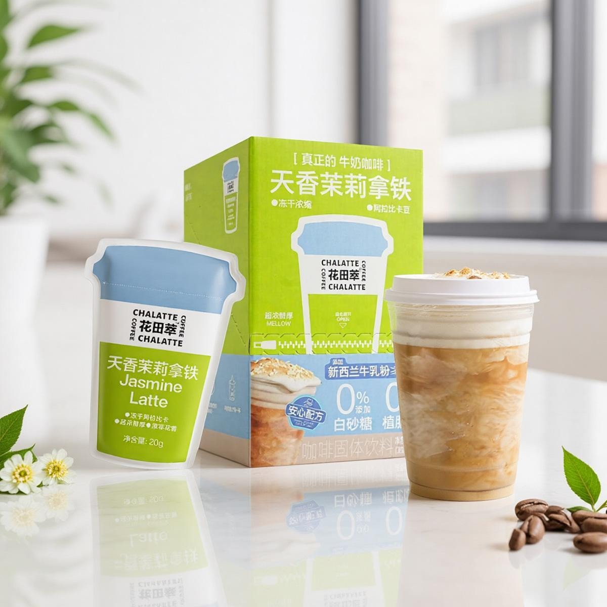 花田萃天香茉莉拿铁冻干浓缩茶香厚乳牛奶咖啡10袋入200g【0蔗糖0植脂末