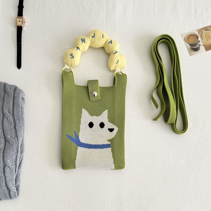 HSPM 新款可爱刺绣ins风韩版针织包手提袋毛线编织包 上班通勤斜跨小包 伴手礼小拎包 抹茶绿狗