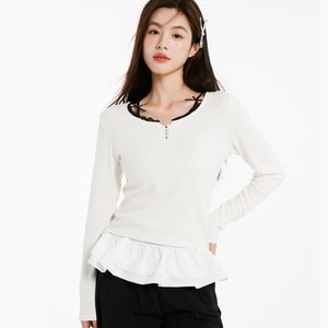 【中国直邮】 HSPM 蝴蝶结蕾丝花边领长袖针织衫 修身内搭打底保暖上衣 白色2XL码