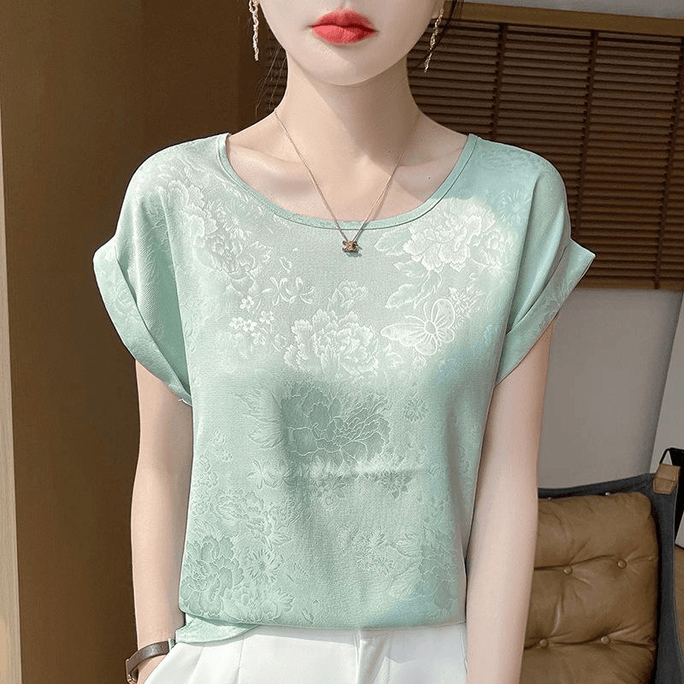 Chinese Style Stain Jacquard Round Neck Short Sleeves T Shirts Green M