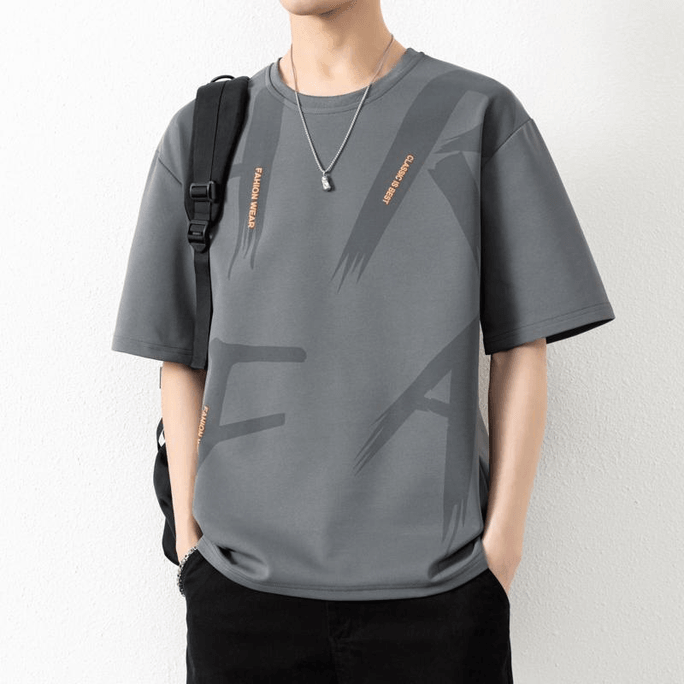 Mens Summer Loose Short Sleeve Print Casual T Shirt Dark grey 2XL