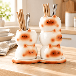 Ceramic Cat Chopstick Holder White Kitchen Utensil Organizer 1pc