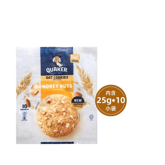 【中国直送】 アメリカ QUAKER クエーカー オートミールクッキー 低カロリー 代替食 朝食 シリアル 栄養 蜂蜜ナッツ 250g*1袋