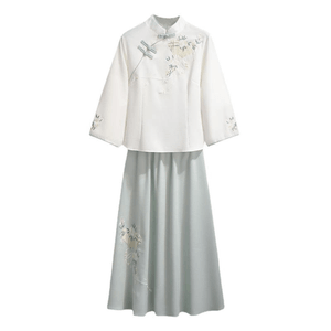 Chinese Style Embroidered Knot Button Cheongsam Tang Suit Hanfu Suit White M