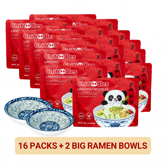 Beef Flavored Ramen Noodles Fresh Non-fried Pack 220g*16 Bags with 2 Free Ramen Bowl