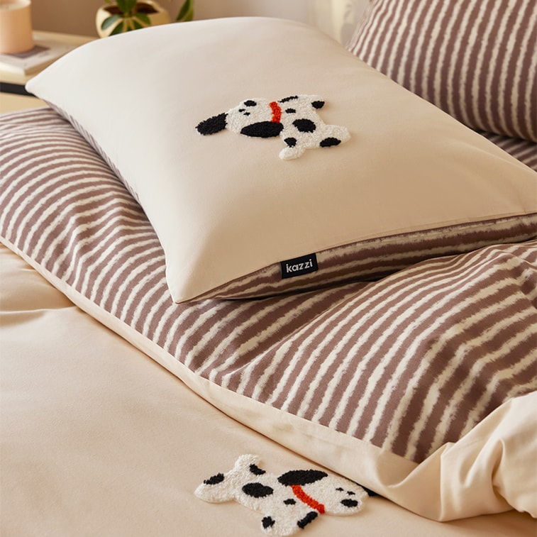 Cherry Dalmatian Dog Bedding Set For 1.2m Bed,100% Cotton,Towel Embroidery Cartoon Design,Ultra Soft Brushed Fabric,Warm Cozy For Bedroom,Autumn Winter Cute Aesthetic Dorm Home Bedding 5