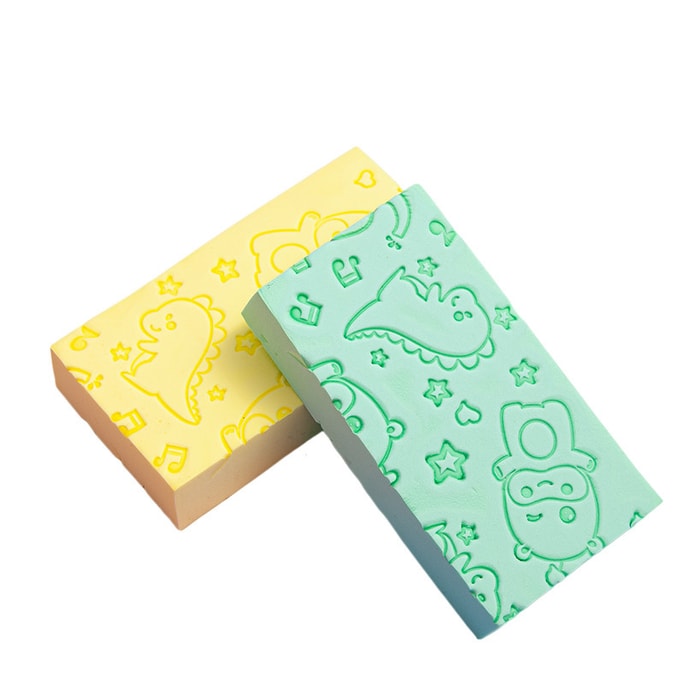 [중국 직배송] 도라에몽 캐릭터 프린트 아기 목욕 스펀지 브러시, 녹색 + 노란색