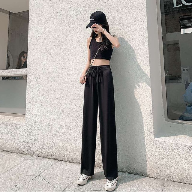 N/A Black Ice Silk Wide Leg Pants Women's High Waist Drape Mopping Pants  Thin Women's Casual Straight Pants (Color : A, Size : 32/4XL): Buy Online  at Best Price in UAE 