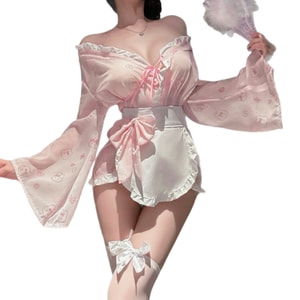 Cute Japanese‑Style Kimono Lingerie Nightgown, Backless Bow Print, Sexy Pure‑Desire Design with White Stockings 1 Pack