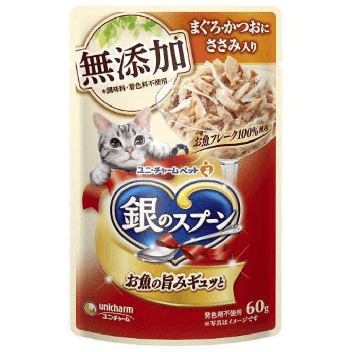 【日本直郵】UNICHARM PET尤妮佳寵物 銀匙貓咪營養食袋裝 鮪魚&鰹魚&雞胸肉口味60g