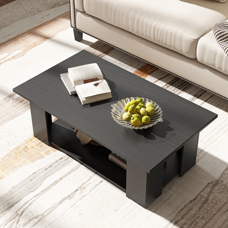 Large 36/41 Inch 2-tier Wooden Modern Coffee Table With Storage Shelf - Black 5