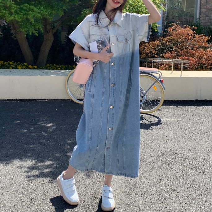 New Fresh Sweet High-end Gradient Loose Denim Dress Gradient Blue S