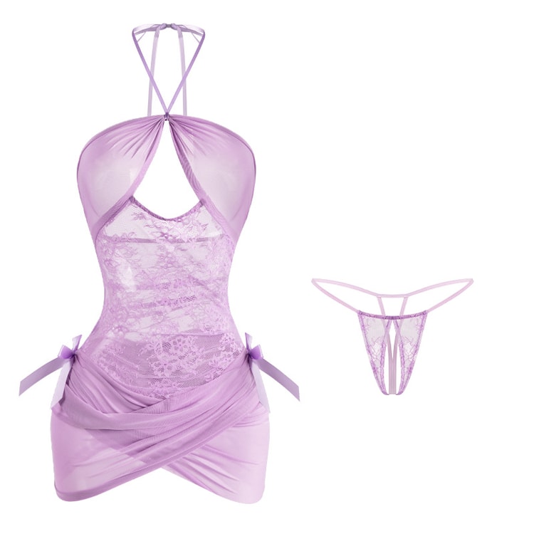 halter lingerie dress Fun Sexy Cross-cutout Lace Purple One Size slip rubber binding at