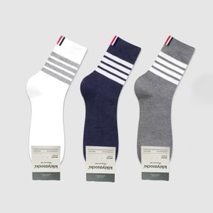 Dongdaemun Striped Cotton Socks, Breathable & Absorbent, Spring/Fall, 3 Pairs