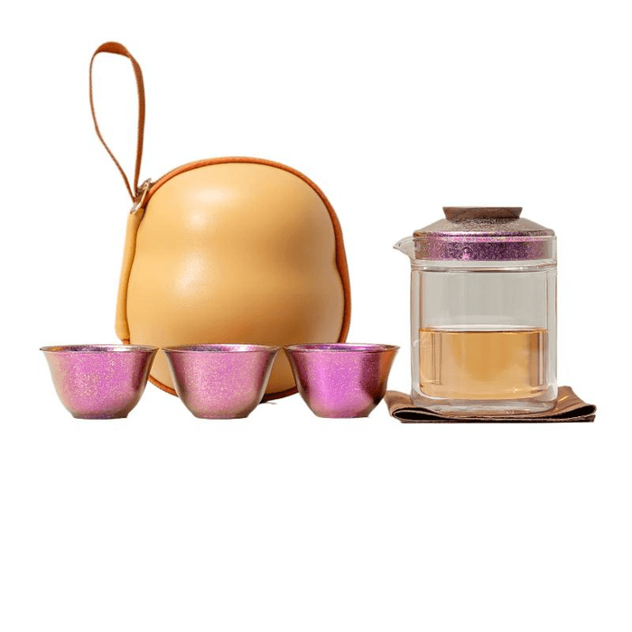 【中国直邮】 一品仟堂 纯钛旅行茶具钛杯套装便携快客杯 直身粉紫 一壶三杯 壶245毫升