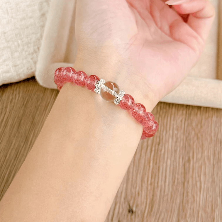 [順風満帆な恋愛] ストロベリークォーツ + ホワイトクリスタルブレスレット 10mm ダブルエネルギーブレスレット/リング ロマンスを引き寄せ、自信を高める 天然宝石ジュエリー ギフトに最適 4