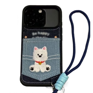 Cute cartoon denim embroidery West Highland card bag hanging rope suitable for iPhone case denim embroidery West Highland - card bag+hanging rope iPhone 15pro