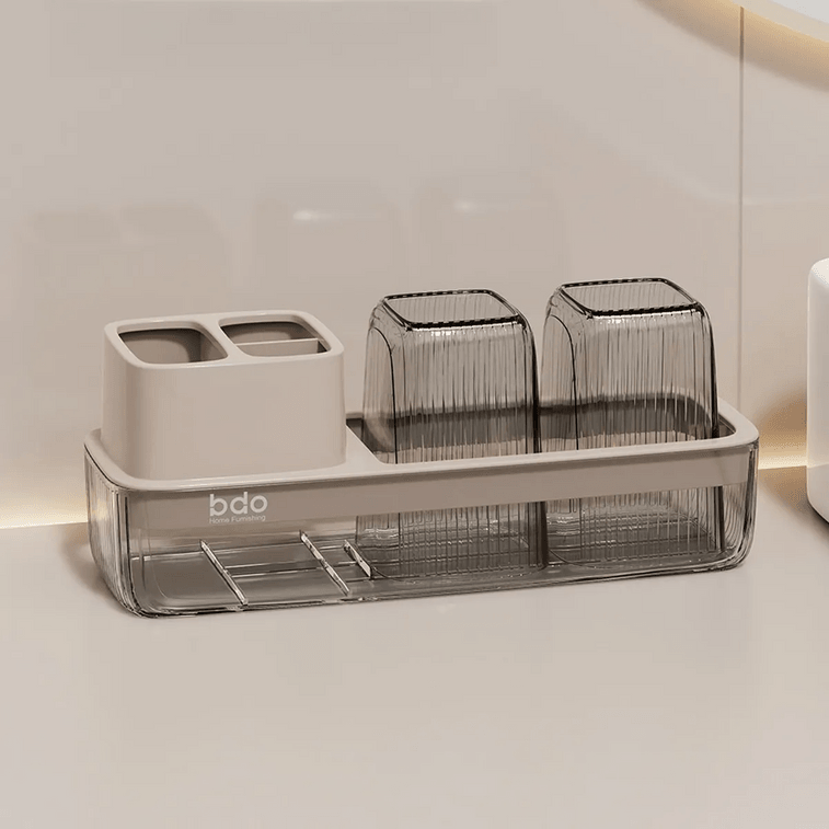 BDO 牙杯牙刷置物架 洗漱杯套装 电动牙刷架牙膏收纳架漱口杯子 透明黑/浅咖 3