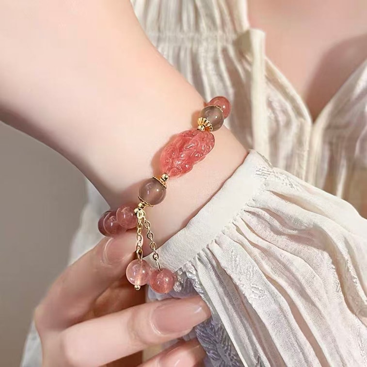 [사랑의 행운] 푸퉈산 축복받은 로즈 쿼츠 딸기 쿼츠 8.5mm 그레이 문스톤 천연 크리스탈 에너지 팔찌 - 완벽한 선물 6