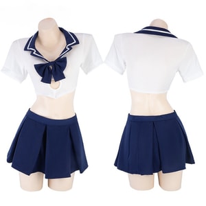 Sexy Splicing Bow Student Uniform Set Blue White One Size (No Stockings)