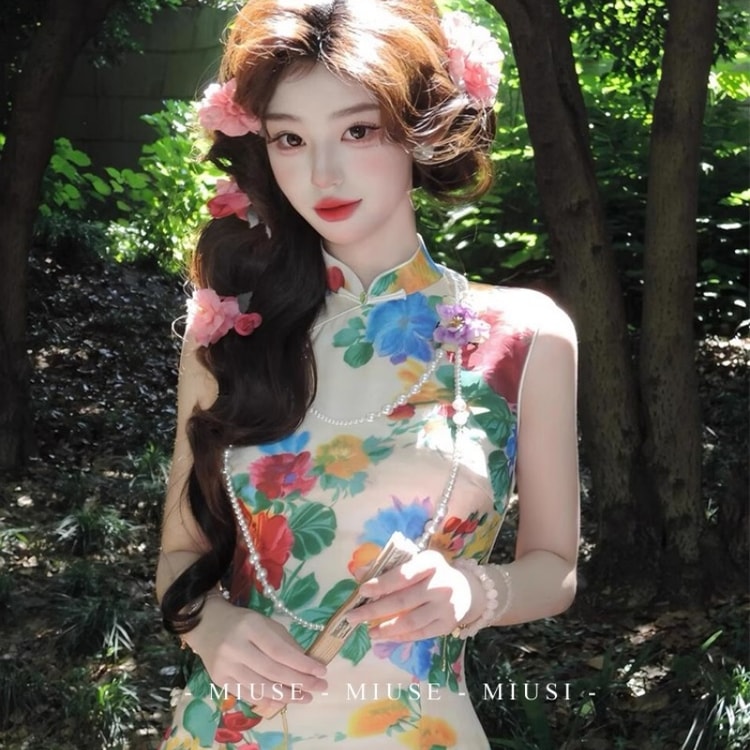 New Chinese-style retro-inspired cheongsam dress with oil painting print sexy bodycon dress size M 1 piece