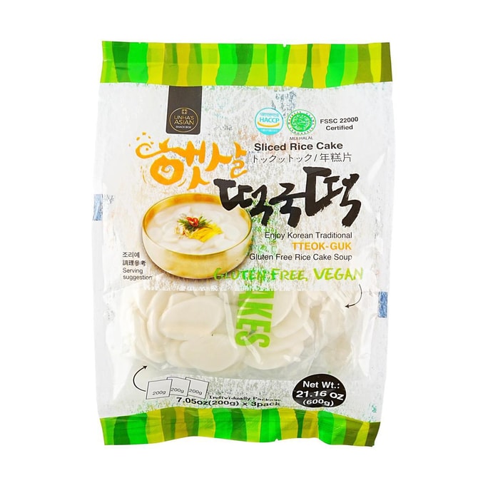 韓國UNHA'S ASIAN SNACK BOX 無麩質韓式年糕片 用於年糕湯 3包入 600g