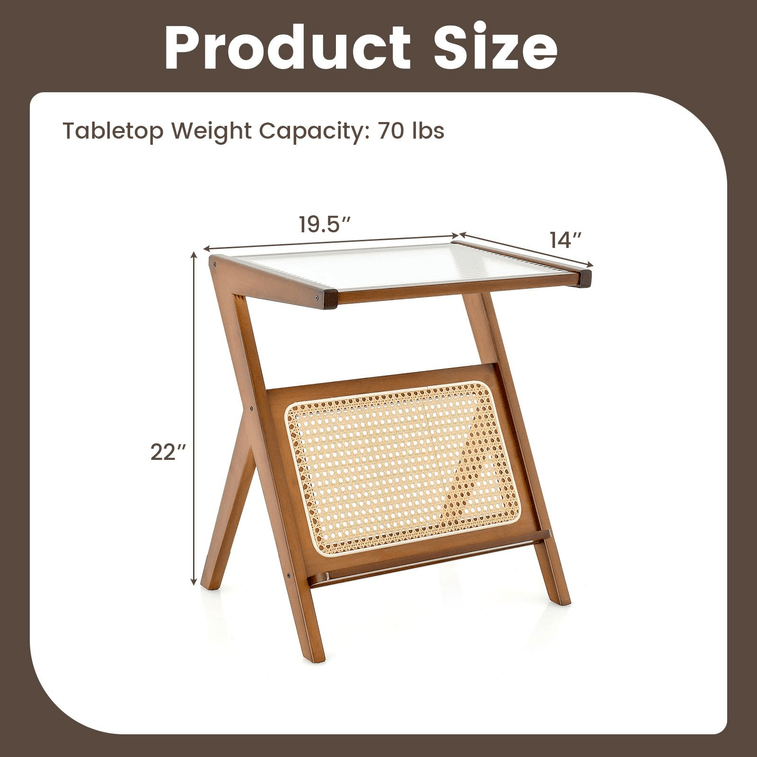 22 Inch Boho End Table With Magazine Rack And Tempered Glass Top-Walnut 4