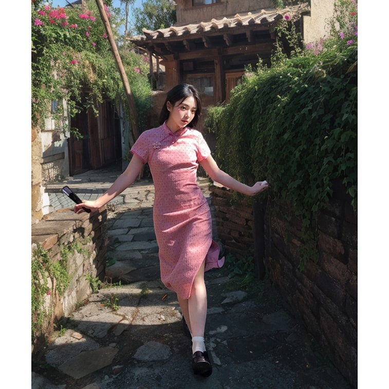 【中國直郵】 水月秦淮 甜美少女粉色新中式旗袍裙日常國風收腰顯瘦連身裙粉色L碼 4