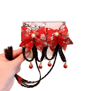[중국 직배송] 밀리 아동용 설날 헤어 액세서리 여아용 가발 리본 설날 헤어핀 [진주 장식 긴 땋은 머리] 1쌍