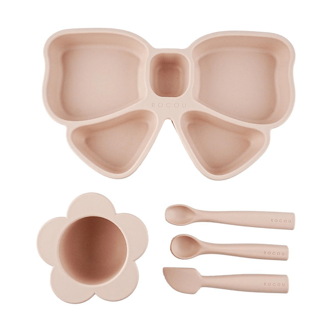 Baby Dinnerware Set Silicone Feeding Bowl  Silicone Plate Silicone Spoon Bow 5-Piece Set Dreaming Pink